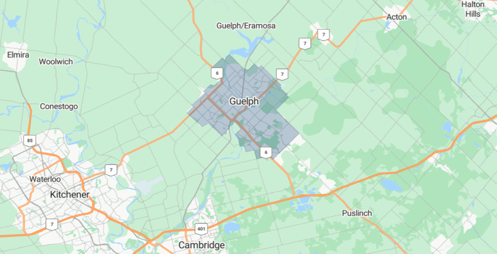 A map showing the area around Guelph that Maggie services for her personal training and lifestyle habits coaching